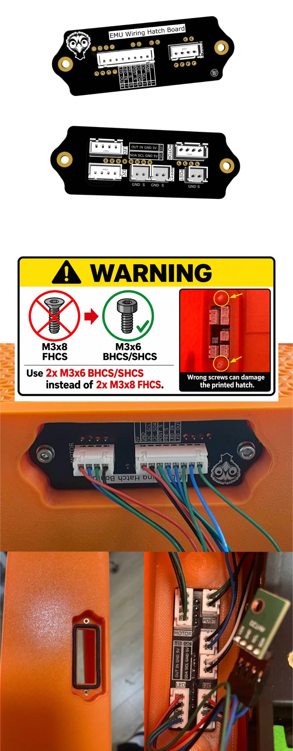 EMU Wiring Hatch Board PCB front and back with JST-XH connectors, and installed on an EMU lane box