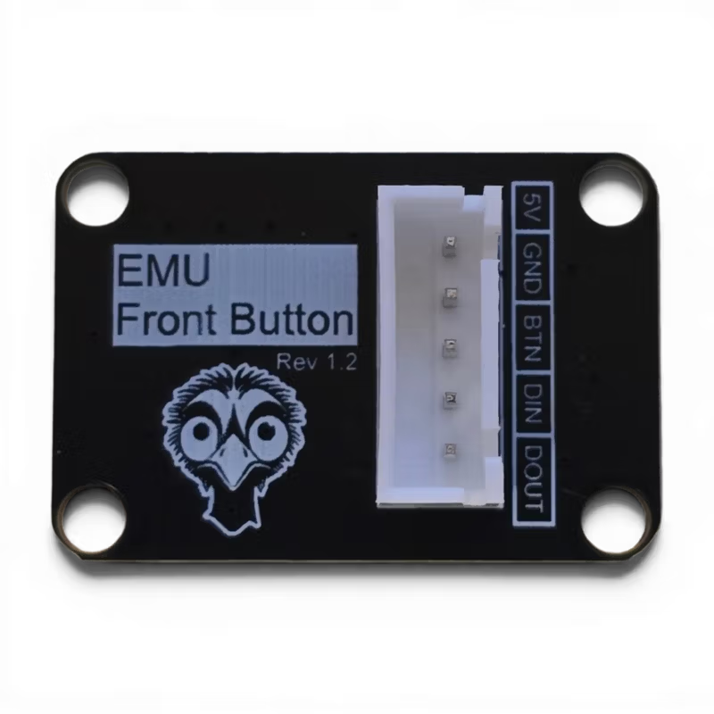 EMU LED Button PCB back: pre-soldered JST-XH 5-pin header (5V, GND, BTN, DIN, DOUT)