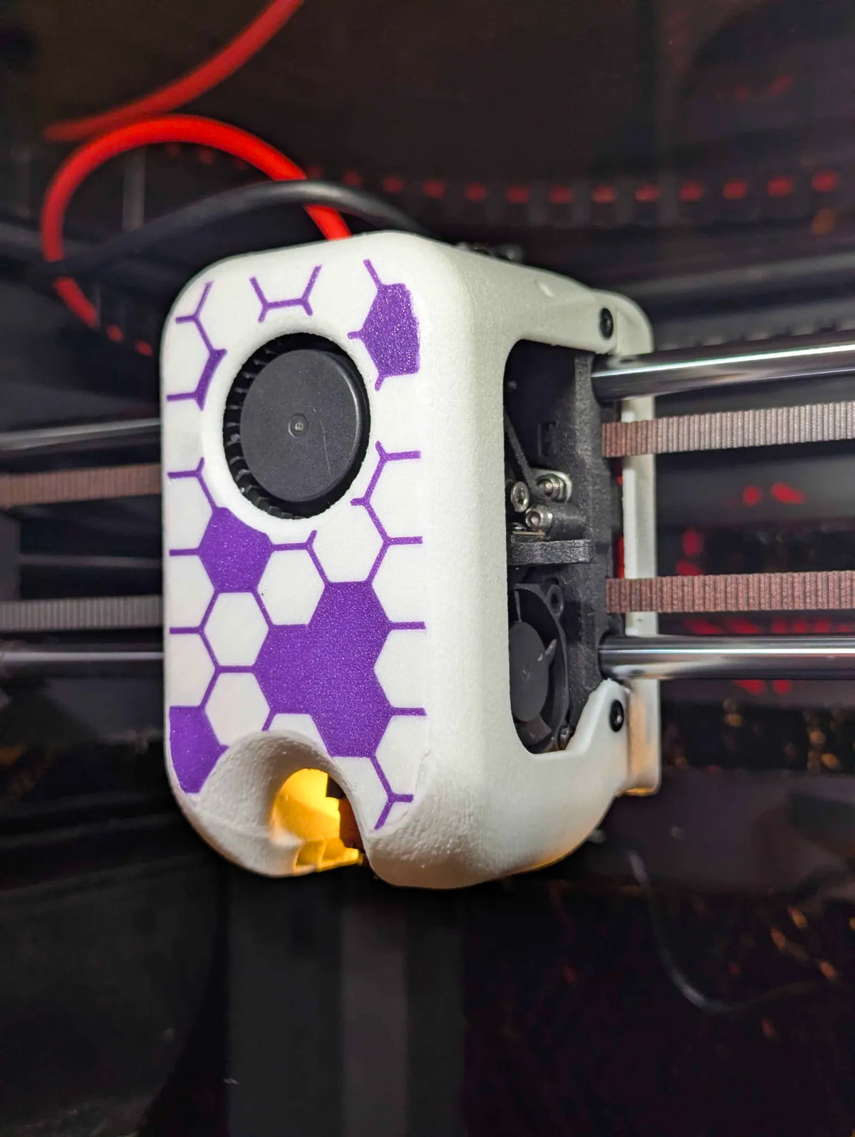 3D printer toolhead printed in Torofil PC-PBT-GF, white and purple