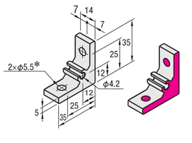 MISUMI HBLTSB5 bracket dimension drawing: 35 x 35 mm legs, 5 mm thick, two 5.5 mm holes