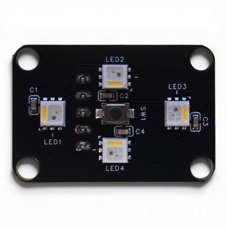 EMU LED Button PCB front: four RGBW LEDs around the SMD switch