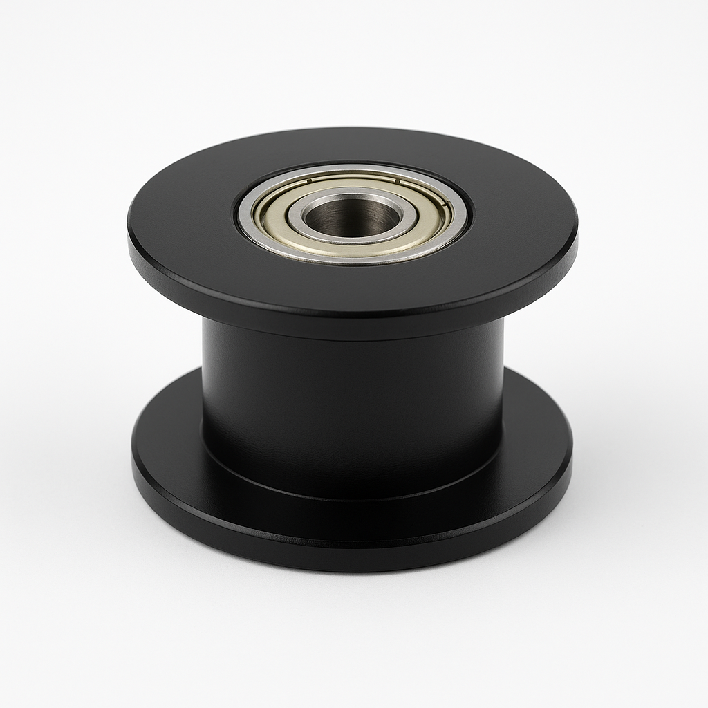 Black 20T GT2 idler pulley without teeth, 5mm bore for 6MM/10mm belt, shown on white background