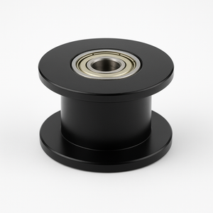 Black 20T GT2 idler pulley without teeth, 5mm bore for 6MM/10mm belt, shown on white background