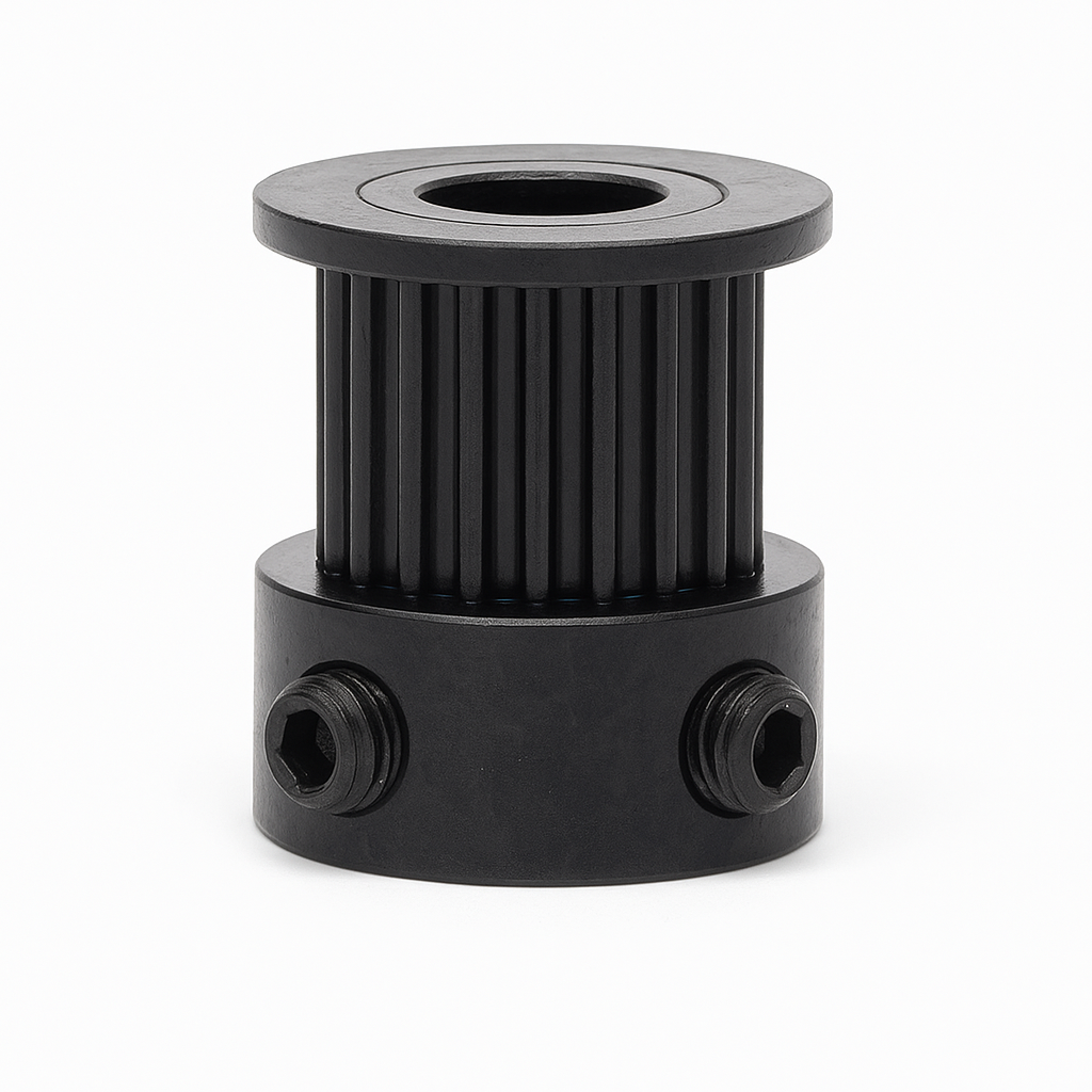 Black GT2 timing pulley with 20 teeth, dual set screws, designed for 10mm wide belts