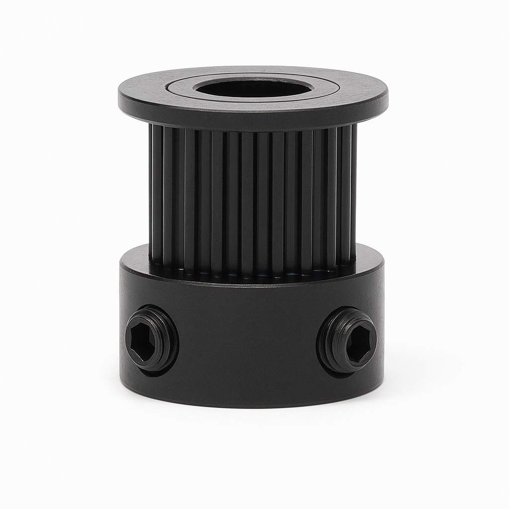 Black anodized 20T GT2 pulley with set screws, fits 6mm belts and 6mm bore shafts