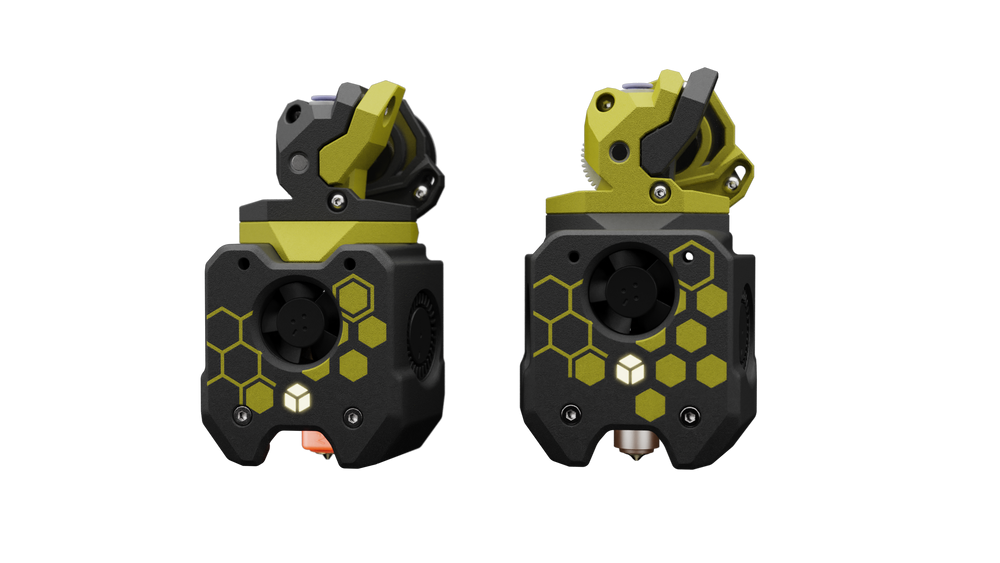 A4T toolhead, front and back, printed parts in black and yellow. Render: DW-Tas / Armchair Heavy Industries (CC BY-NC-SA 4.0, used with permission). Placeholder until my own print photo.