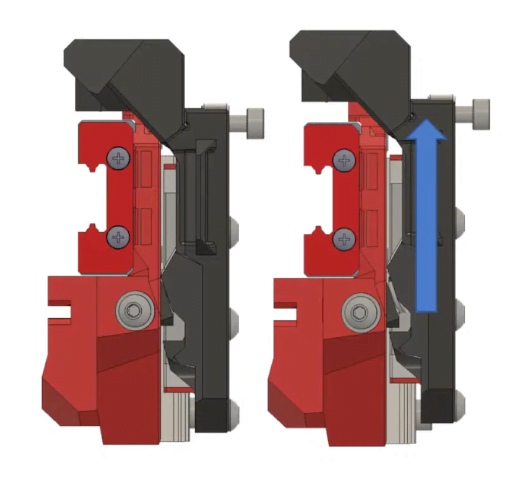 Voron Tap R8 carriage in black and red, side view at rest and pressed. Render: Voron Design (GPLv3). Placeholder until my own print photo.