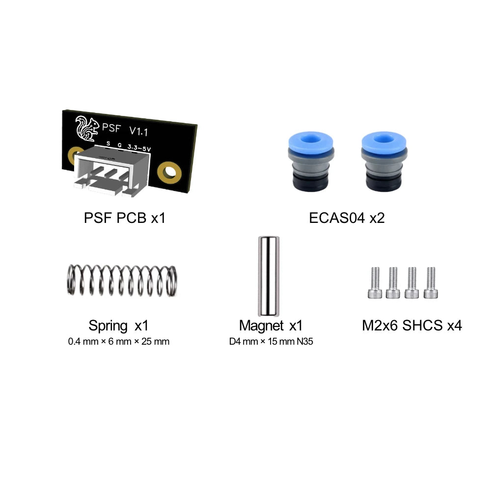 PSF sensor set contents: PSF PCB, 2x ECAS04, spring, magnet and 4x M2x6 SHCS