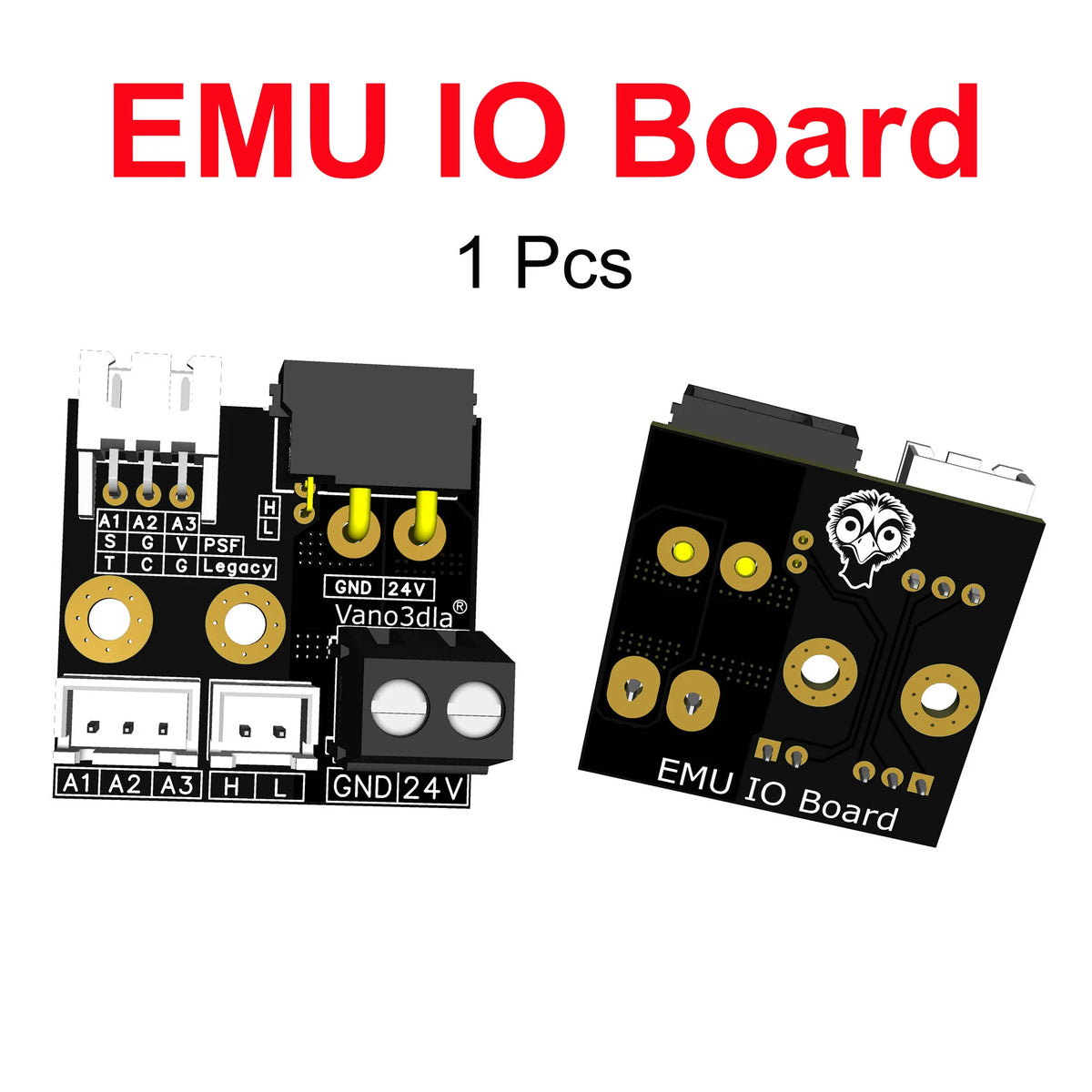 EMU IO Board, front and back, with A1–A3, H, L, GND and 24V terminals and XT30 connector