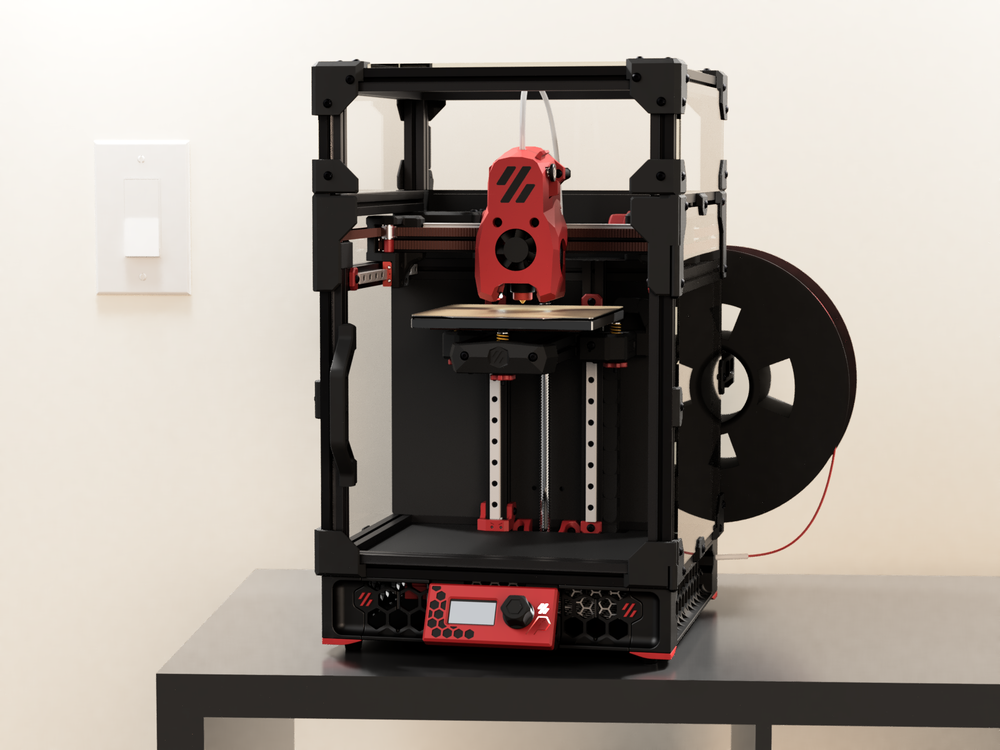Voron 0.2 R1 with its printed parts in red and black. Render: Voron Design (GPLv3). Placeholder until my own print photo.