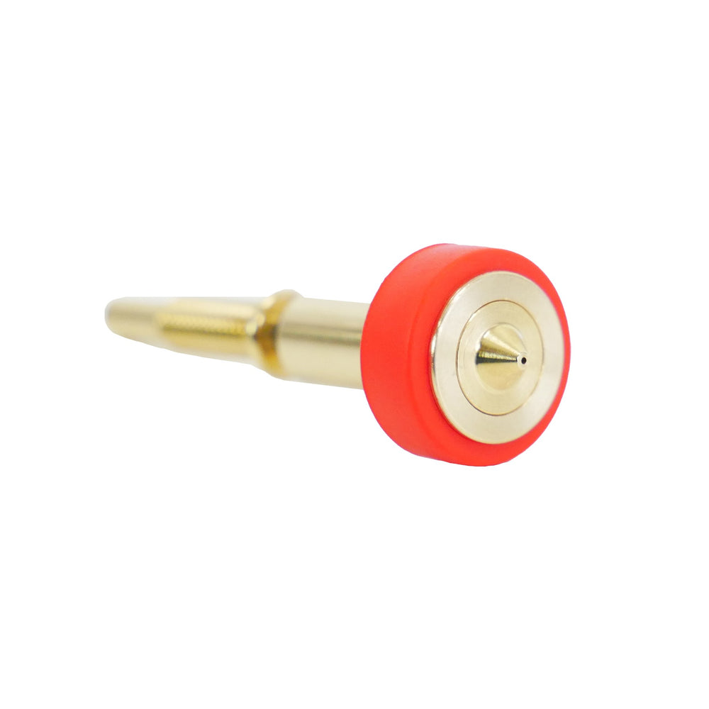 Tip of an E3D Revo High Flow brass nozzle showing the high-flow insert