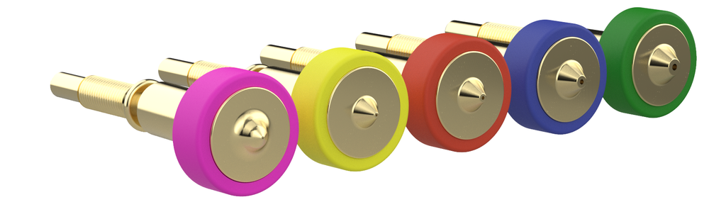 E3D Revo brass nozzle tips from 0.15 to 0.8 mm side by side