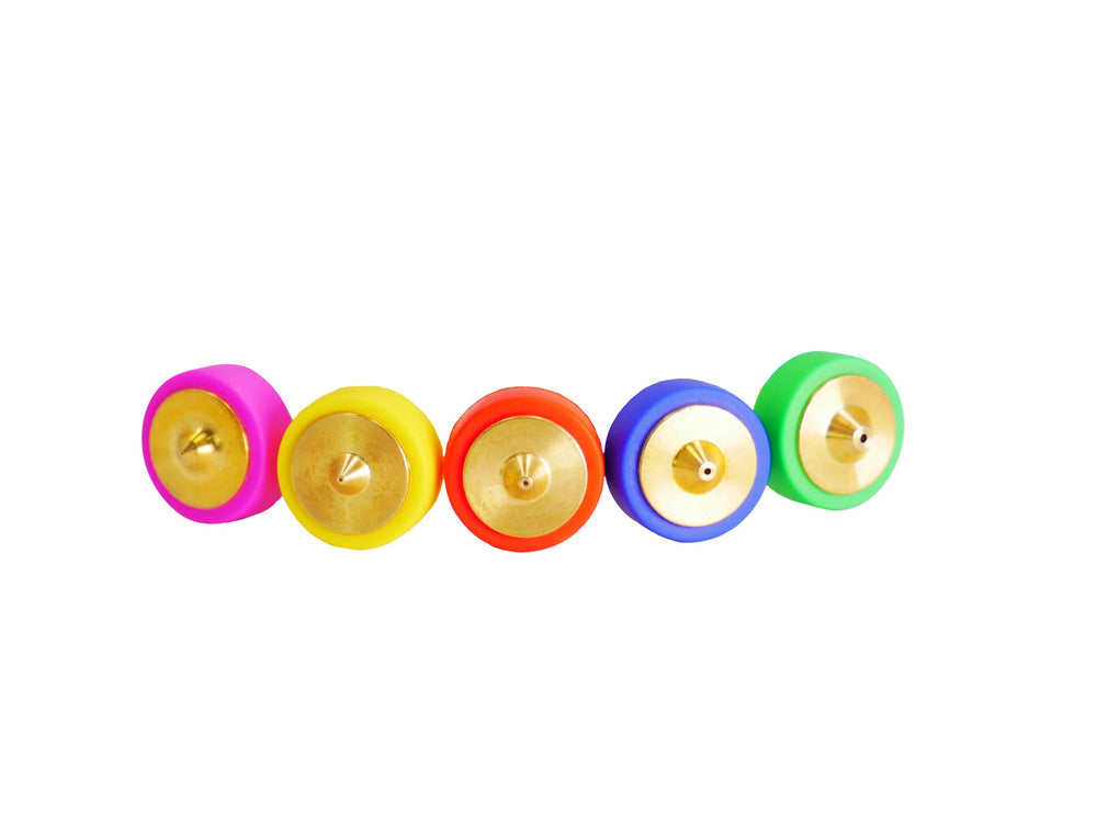 Five E3D Revo brass nozzles in a row, each with its colour-coded sock