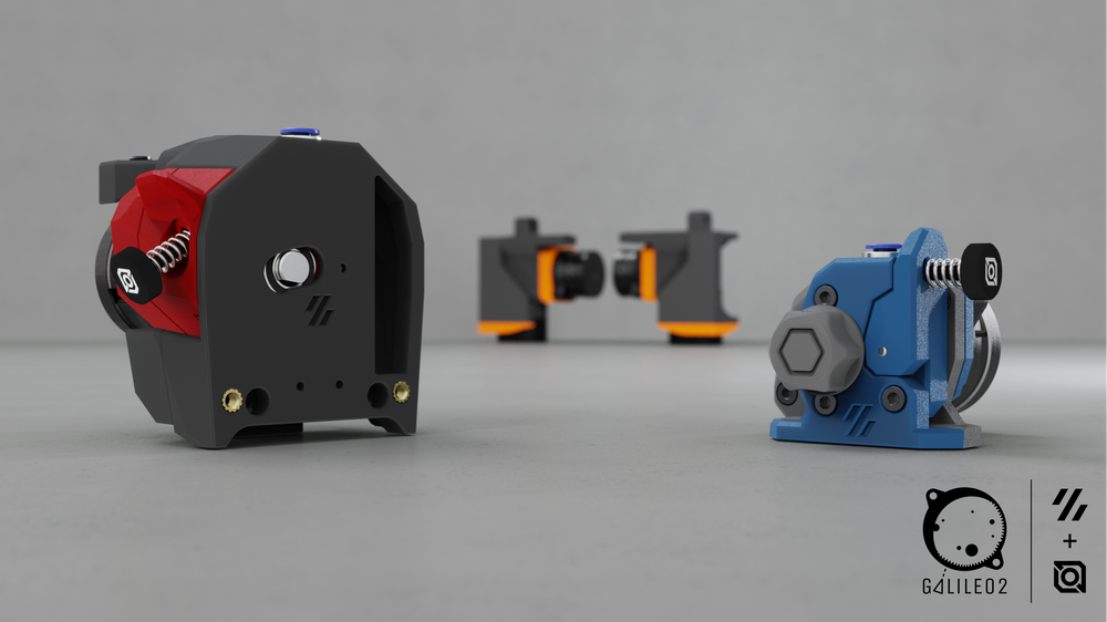 Galileo 2 extruder family: G2E on a Stealthburner in black and red, G2SA standalone in blue, Z-drive units behind. Render: JaredC01 (GPLv3). Placeholder until my own print photo.