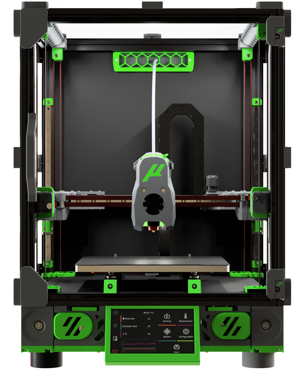 Micron+ with its printed parts in green. Render: Printers For Ants (GPLv3). Placeholder until my own print photo.