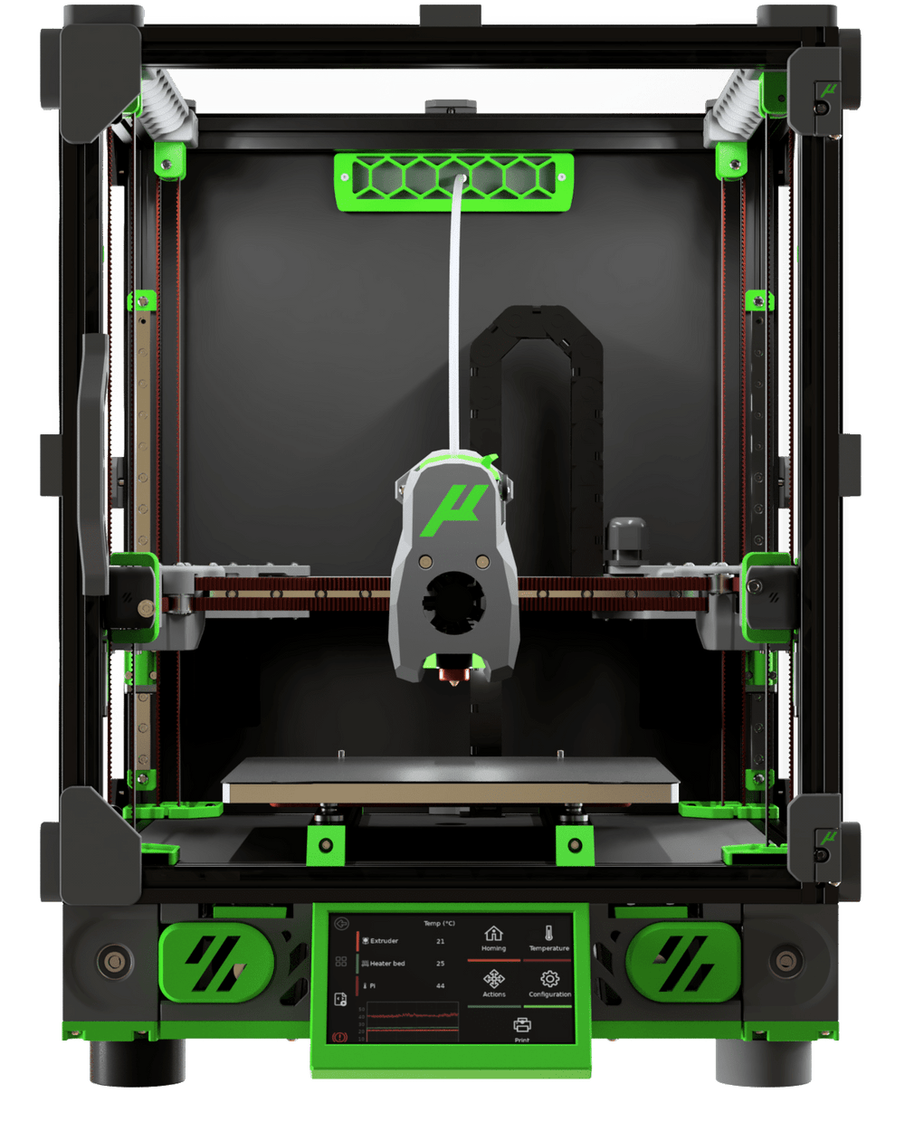 Micron+ 3D printer with printed parts in black and green ABS, render