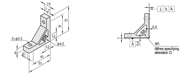 MISUMI HBKUS5 bracket dimension drawing: 51 x 51 mm legs, 9 mm base, two 5.5 mm holes
