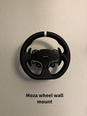 3D printed wall mount holding a MOZA sim racing wheel