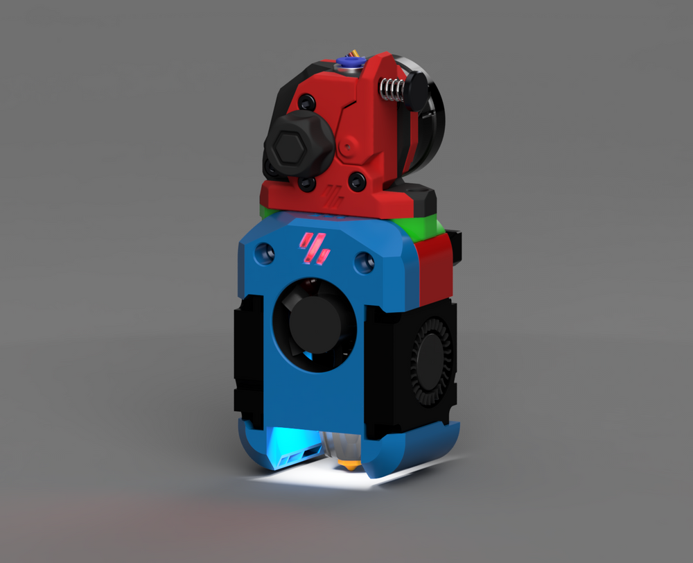Rapid Burner toolhead, printed parts in blue and red. Render: chirpy2605 (GPLv3). Placeholder until my own print photo.